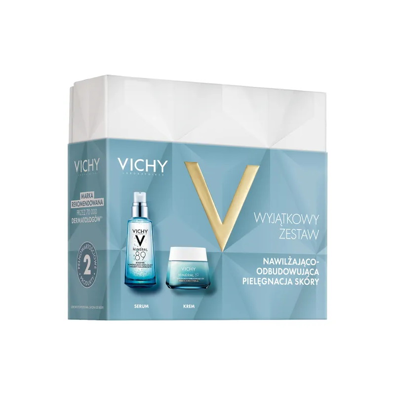 Vichy XMAS 2024 Mineral 89 Booster wzmacniająco-nawilżający, 50 ml + Krem nawilżająco-odbudowujący 100h bogaty, 50 ml