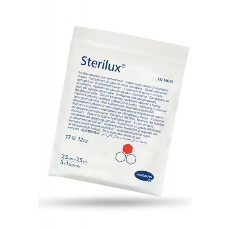 Sterilux, kompresy z gazy bawełnianej jałowe, 17-nitkowe, 12-warstwowe, 7,5 x 7,5 cm, 3 x 1 sztuka