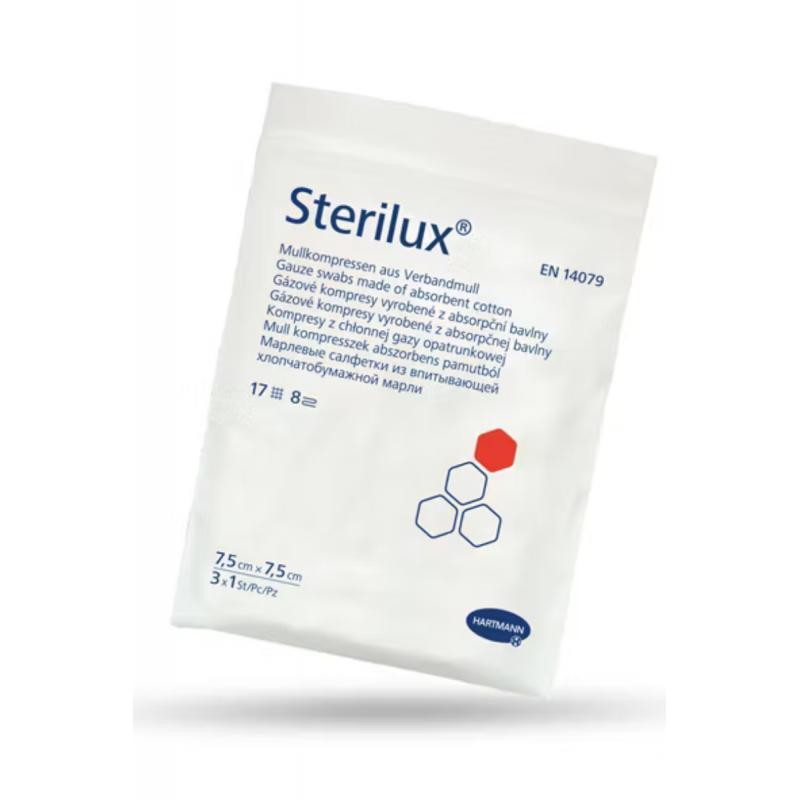 Sterilux Kompres jałowy 17N 8W 7,5 cm x 7,5 cm, 3 sztuki