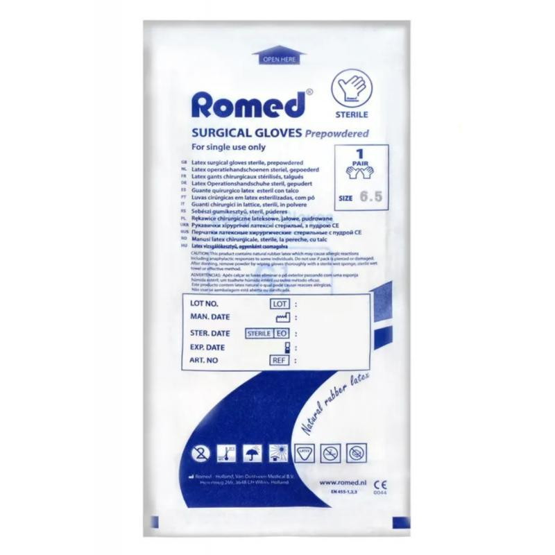 Romed Rękawice chirurgiczne lateksowe, pudrowane, jałowe, rozmiar 6,5, 1 para