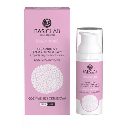BasicLab Ceramidowy krem regenerujący z 5% betainą i 3% mocznikiem, bogata konsystencja, 50 ml