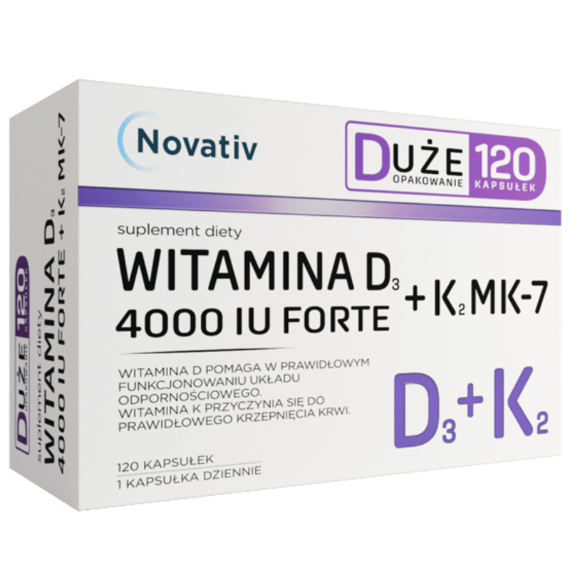 Novativ Witamina D3 4000 IU Forte + K2 MK7, 120 kapsułek