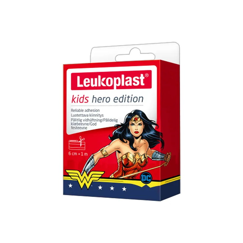 Leukoplast Kids Hero Edition (Wonder Woman), plaster z opatrunkiem, wymiary: 6 cm x 1 m, 1sztuka