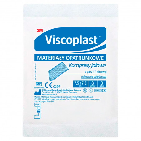 Viscoplast, kompresy jałowe z gazy, 17-nitkowe, 8-warstwowe, 7,5 cm x 7,5 cm, 3 sztuki